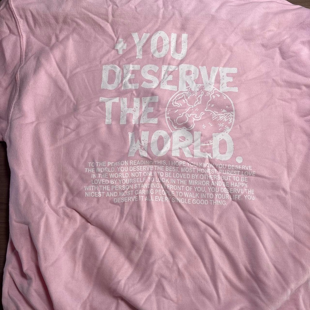 Pink hoodie with white text, size L